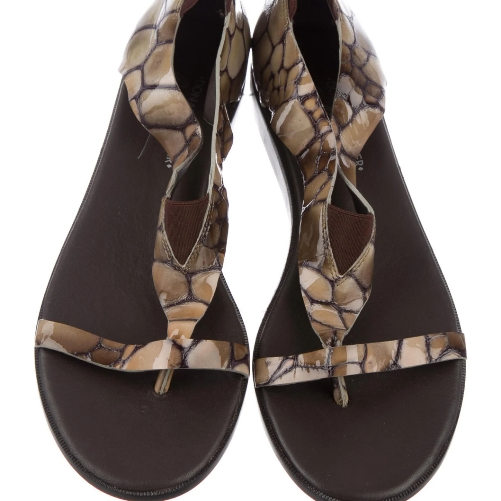 Donald J. Pliner Brown and Beige Snakeskin-Print Leather Thong Sandals